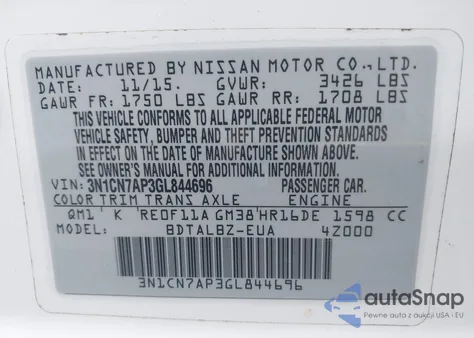 2016 Nissan Versa 1.6 Sv из США, поврежденный, VIN 3N1CN7AP3GL844696